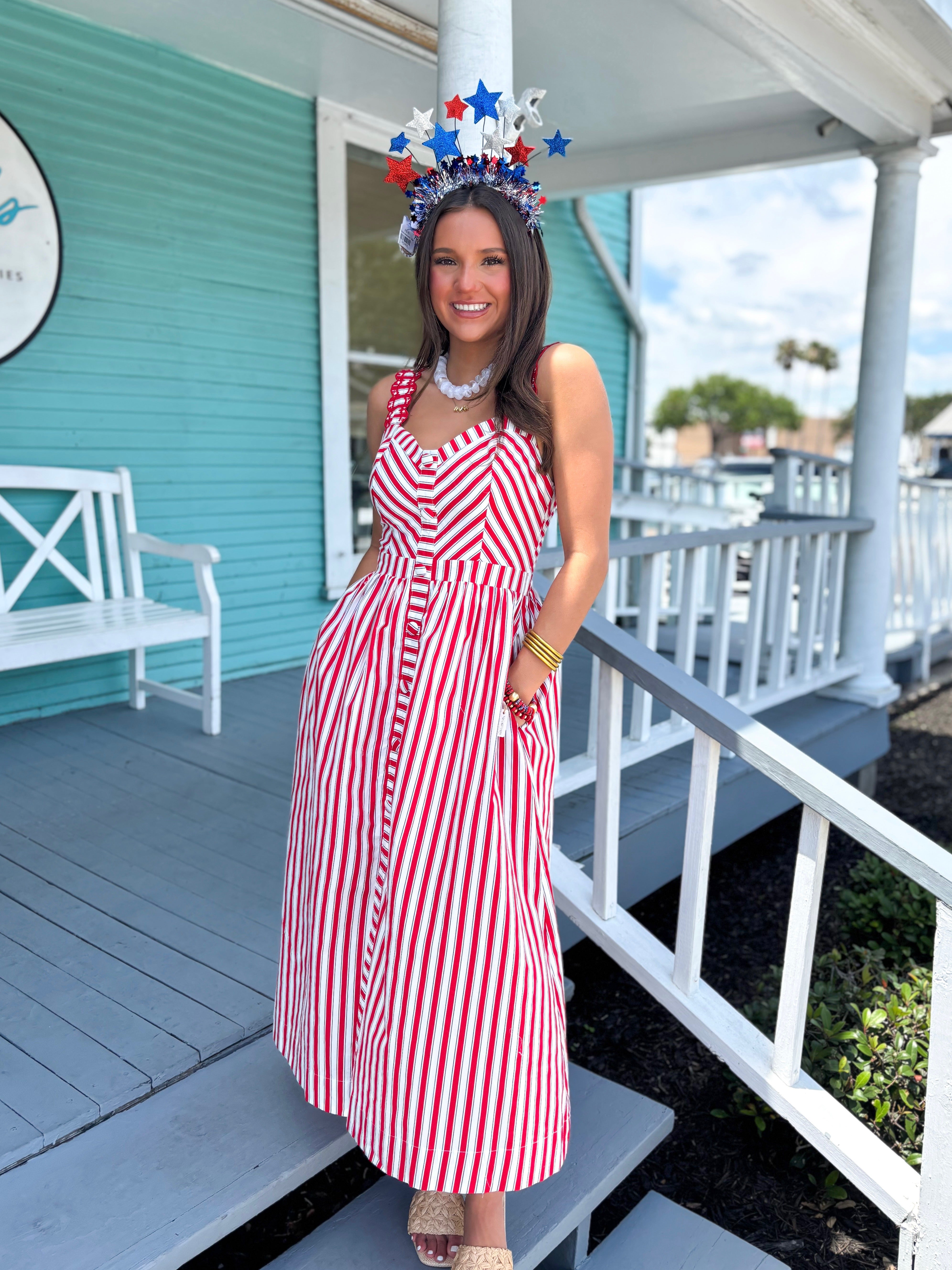 red and green striped dress Women's In Perfect Order Green Stripe Button Front Ruffle Collar Midi Shirt Dress | Size: M main image 1