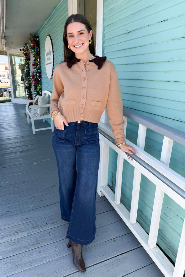 The Cathy Ruffle Cardigan-Camel