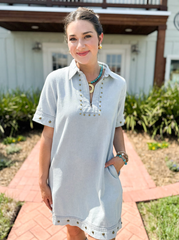 The Loren Studded Collar Dress-Blue