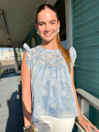 blue eyelet top 
