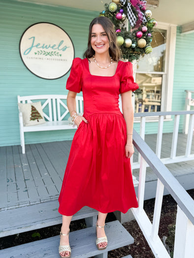 The Leah Square Neck Puff Midi Dress-Red