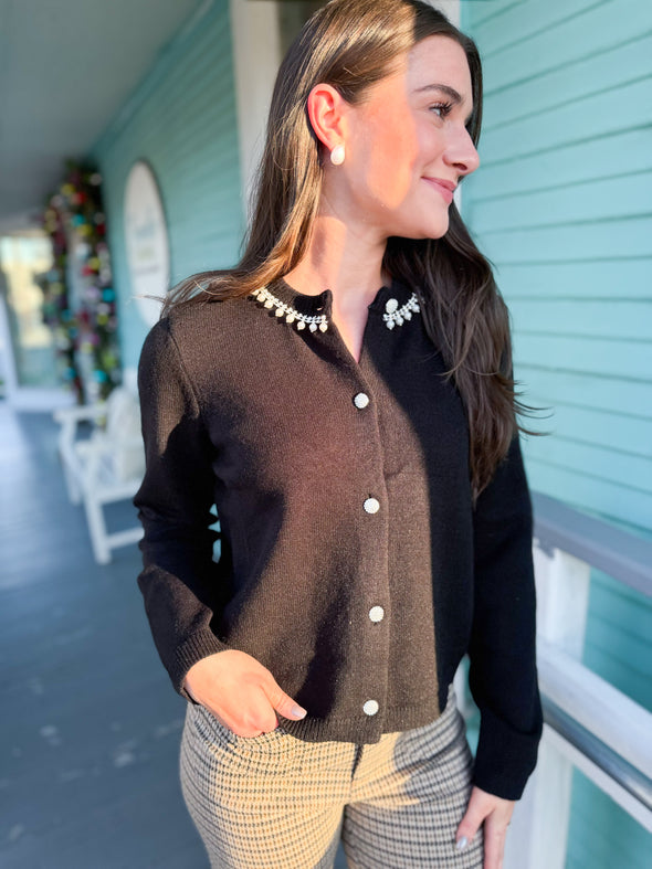 The Tate Pearl and Rhinestone Sweater-Black