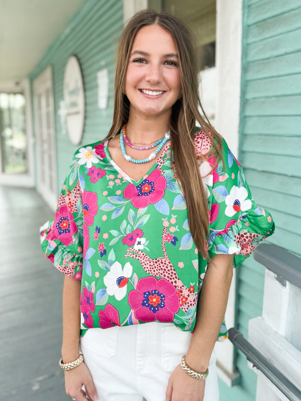 The Lunnae Floral Leopard Top-Green