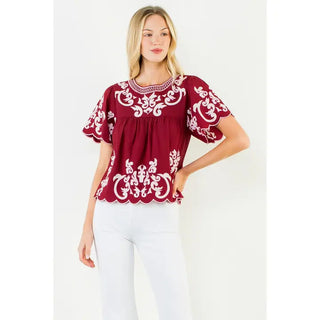 (THML) The Dana Embroidered Top-Burgundy