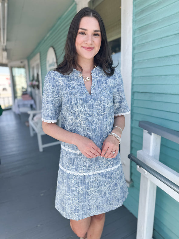 The Nora Scalloped Floral Dress-Denim