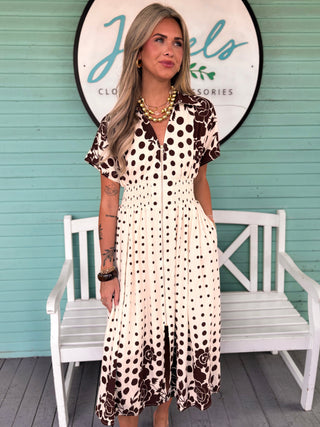 The Charles Polka Dot Floral Zip Midi Dress-Brown