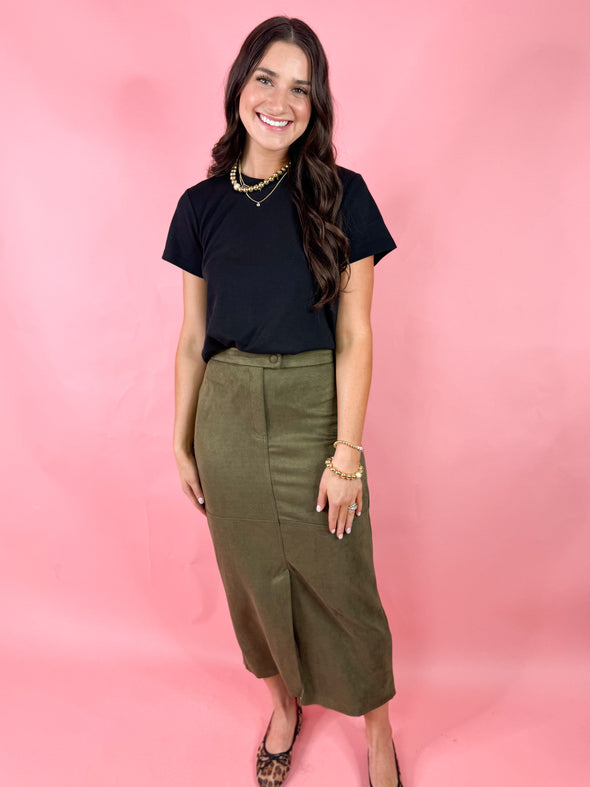 (THML) The Swee Suede Midi Skirt-Olive