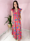 orange pink and blue maxi dress