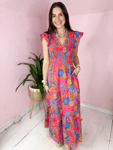 orange pink and blue maxi dress