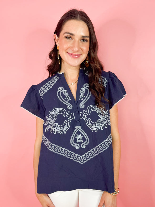 The Reese Embroidered Top-Navy