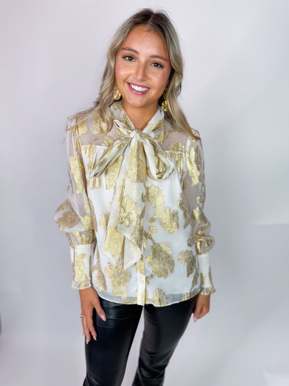 The Mal Metallic Jacquard Blouse-Cream/Gold