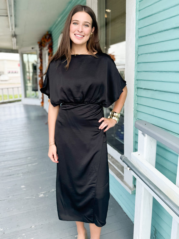The Laila Asymmetrical Midi Dress-Black