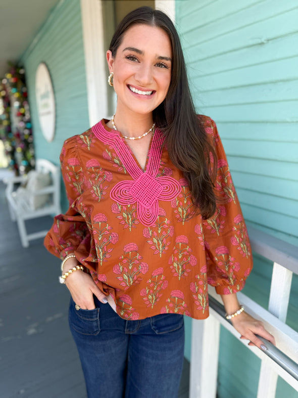 The Sally Floral Top-Brown