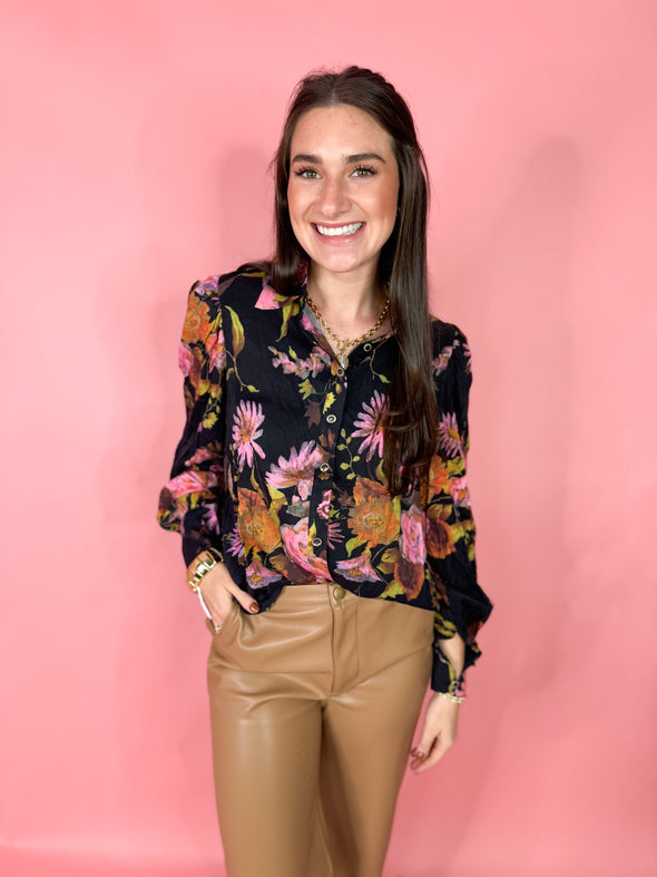 The Jess Floral Button Down Top-Black