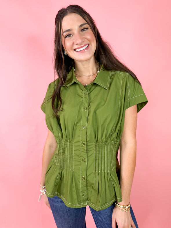 The Sophia Cinched Waist Top-Olive