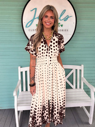 The Charles Polka Dot Floral Zip Midi Dress-Brown