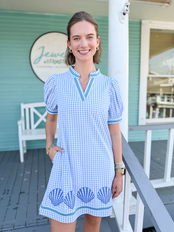 The Shell Embroidered Gingham Dress-Blue Jewels Clothing and Accessories The Shell Embroidered Gingham Dress-Blue Jewels Clothing and Accessories