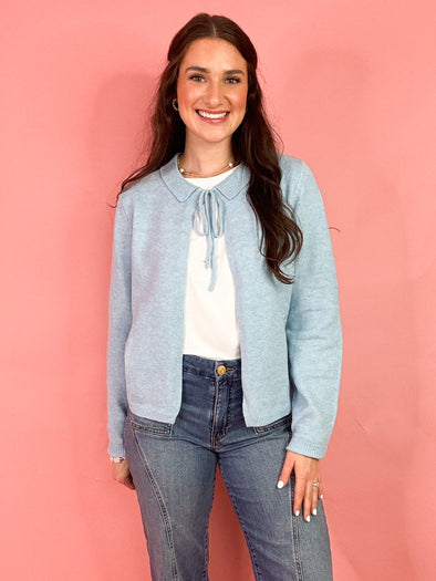 The Sherry Bow Tie Cardigan-Blue