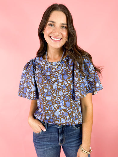 blue and brown floral top 