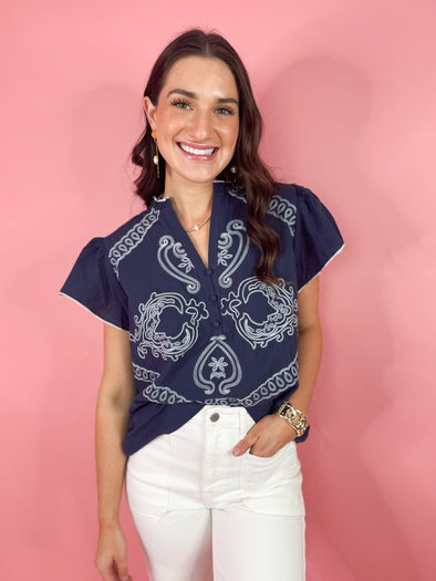 The Reese Embroidered Top-Navy