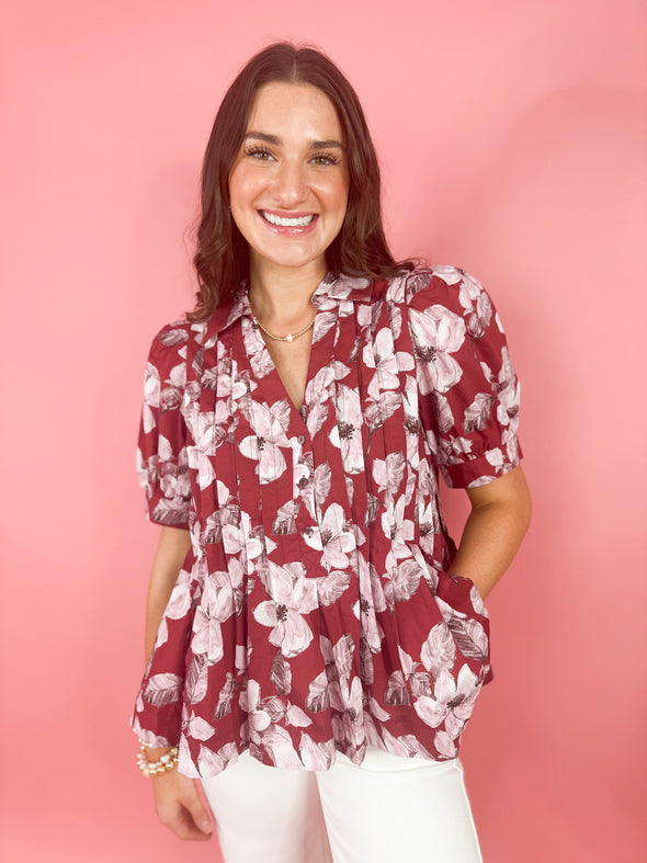 The Sophia Floral Top-Merlot