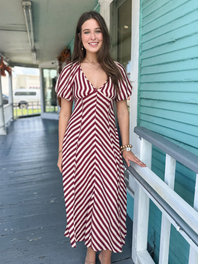 The Ana Striped Smocked Midi Dress-Burgundy