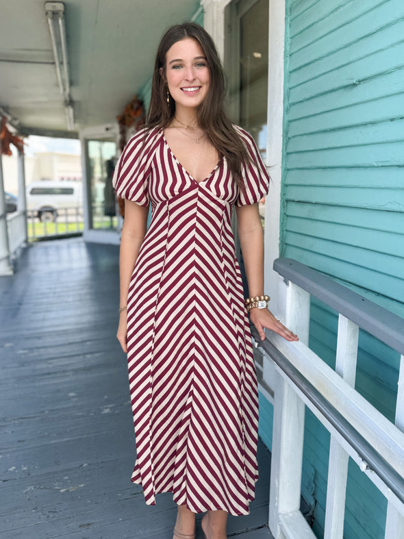 The Ana Striped Smocked Midi Dress-Burgundy