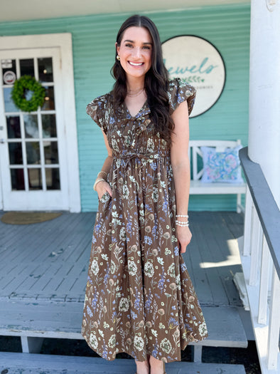 The Lula Floral Midi Dress-Brown