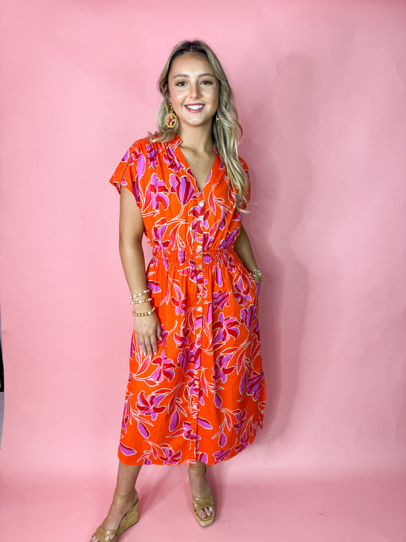orange and pink floral dress