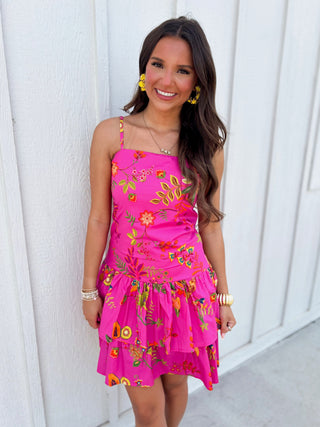 hot pink dress with fruit and floral print 