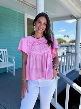 pink short sleeve top with lace detail 