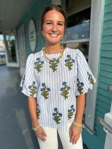 (THML) The Carrie Floral Stripe Top-Blue