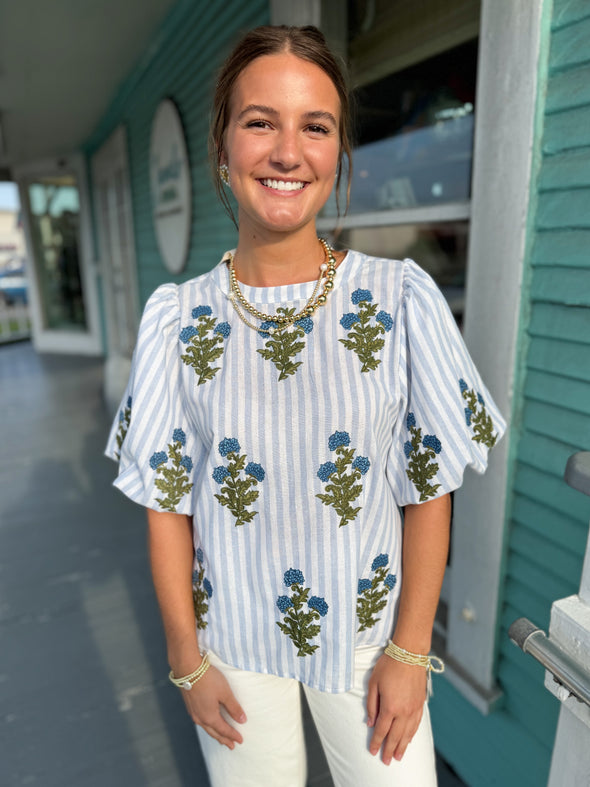 (THML) The Carrie Floral Stripe Top-Blue