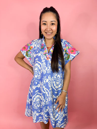 (THML) The Margot Embroidered Dress-Blue