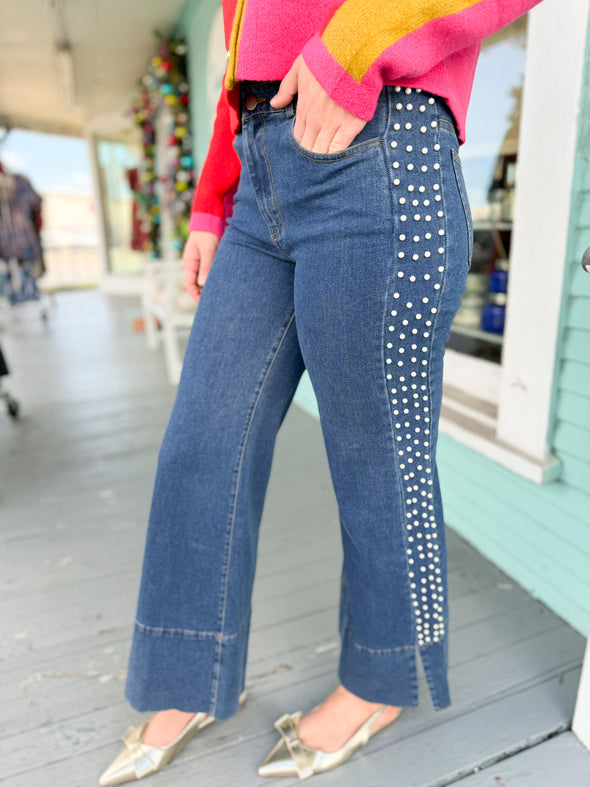 denim pant with pearl embellishment