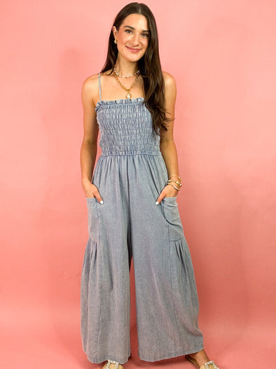 The Stevi Smocked Jumpsuit-Denim