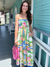 pink and blue tropical print dress