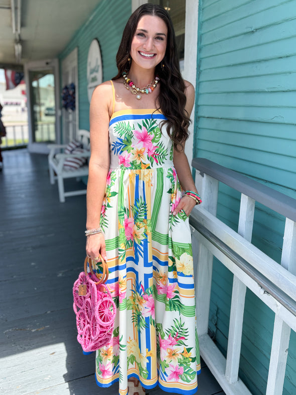 pink and blue tropical print dress