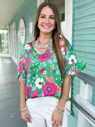 The Lunnae Floral Leopard Top-Green