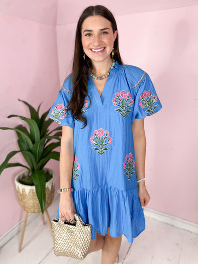 The Ocean Embroidered Dress-Blue