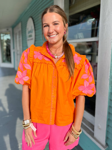 (THML) The Julia Puff Sleeve Top-Orange