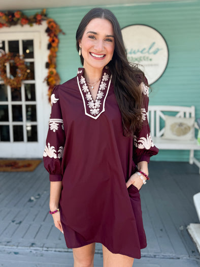 The Ennis Embroidered Dress-Burgundy