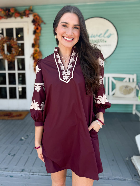 The Ennis Embroidered Dress-Burgundy