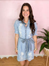 blue embroidered self tie waist THMl dress