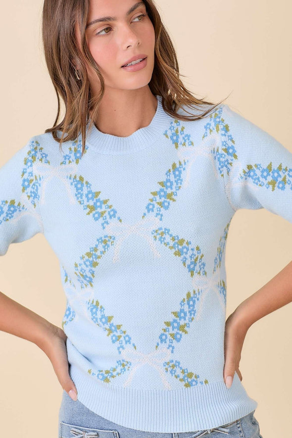 The Carson Floral Short Sleeve Sweater-Blue