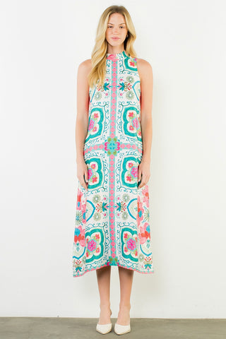 (THML) The Printed Satin Midi Dress-Cream