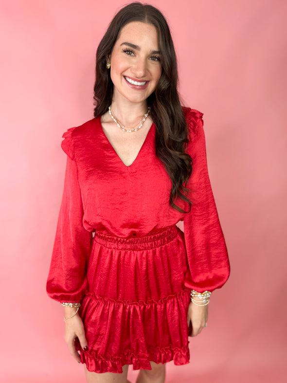 The Andy Long Sleeve Ruffle Skirt Dress-Red