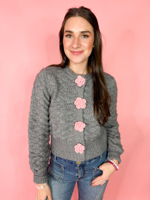 The Miley Flower Cardigan-Grey
