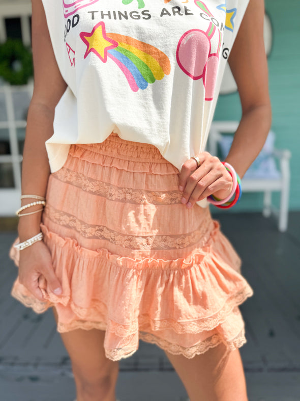 peach lace and ruffle skirt 