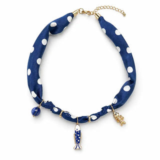 The Coastal Fish Scarf Necklace-Navy Dot